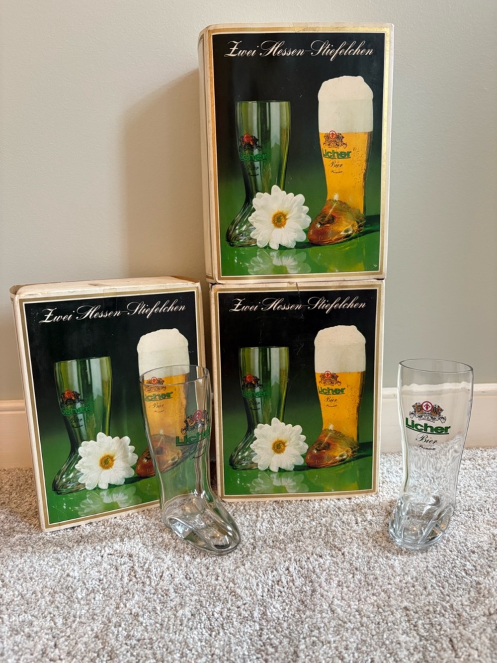 Licher Beer Boot Glasses (Set) - Clear Glass with Green & Red Logo 1986